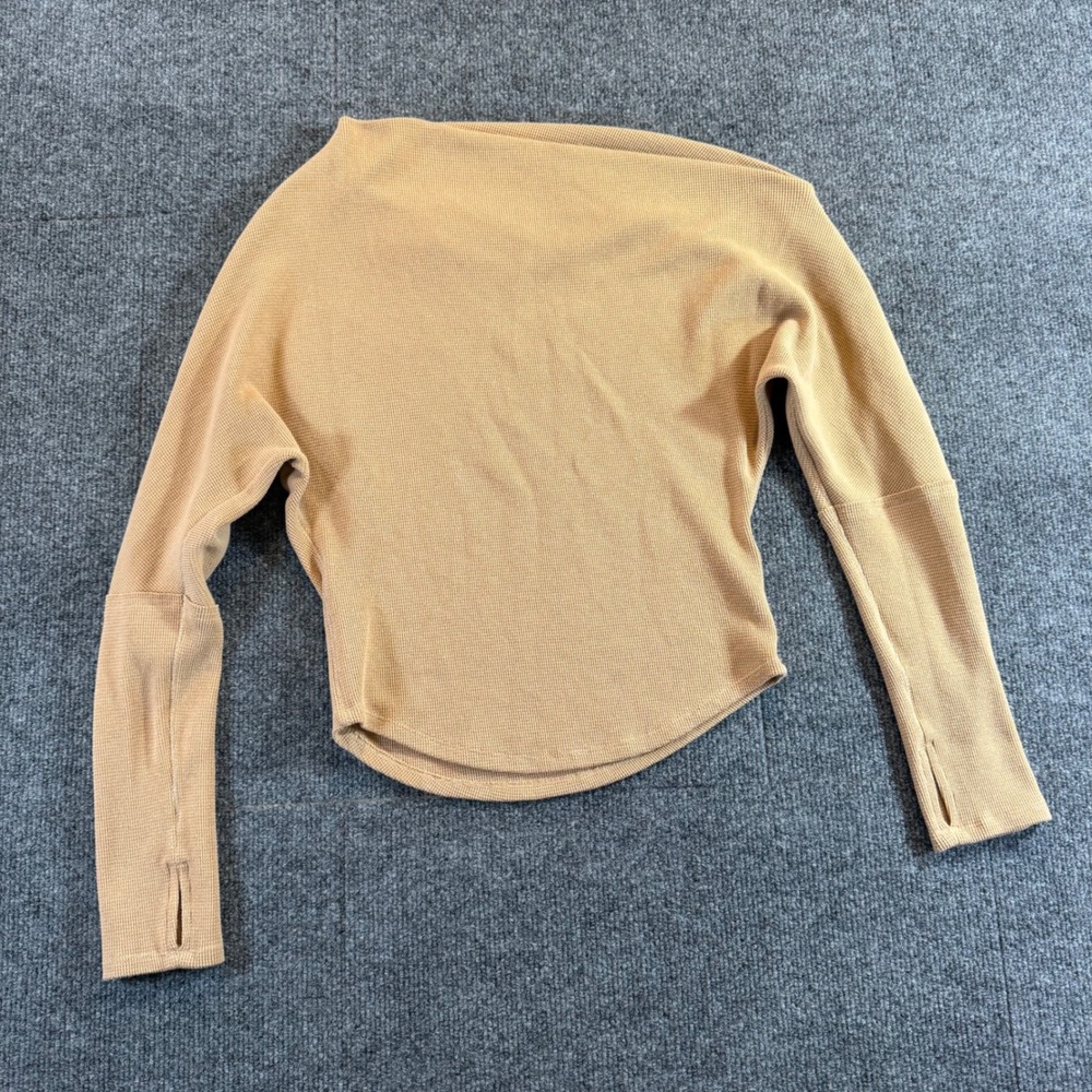 We The Free Free People Tan Waffle Knit Off Shoulder Thermal Top XS Thumbholes